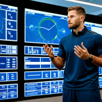 A focused male professional athlete, fully clothed in a modest, high-performance athletic uniform, is depicted in a state-of-the-art sports science laboratory. He is in a natural pose, standing near large transparent display screens that showcase complex data visualizations and AI-generated performance analytics in real-time. Subtle wearable devices are visible on his person, seamlessly integrated with his attire. The background is sleek and modern, emphasizing technological advancement. This image is safe for work, appropriate content, fully clothed, professional, with perfect anatomy, correct proportions, well-formed hands, and proper finger count, captured with professional photography and high quality.