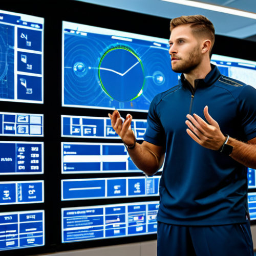 A focused male professional athlete, fully clothed in a modest, high-performance athletic uniform, is depicted in a state-of-the-art sports science laboratory. He is in a natural pose, standing near large transparent display screens that showcase complex data visualizations and AI-generated performance analytics in real-time. Subtle wearable devices are visible on his person, seamlessly integrated with his attire. The background is sleek and modern, emphasizing technological advancement. This image is safe for work, appropriate content, fully clothed, professional, with perfect anatomy, correct proportions, well-formed hands, and proper finger count, captured with professional photography and high quality.
