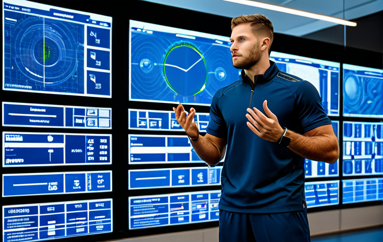 A focused male professional athlete, fully clothed in a modest, high-performance athletic uniform, is depicted in a state-of-the-art sports science laboratory. He is in a natural pose, standing near large transparent display screens that showcase complex data visualizations and AI-generated performance analytics in real-time. Subtle wearable devices are visible on his person, seamlessly integrated with his attire. The background is sleek and modern, emphasizing technological advancement. This image is safe for work, appropriate content, fully clothed, professional, with perfect anatomy, correct proportions, well-formed hands, and proper finger count, captured with professional photography and high quality.