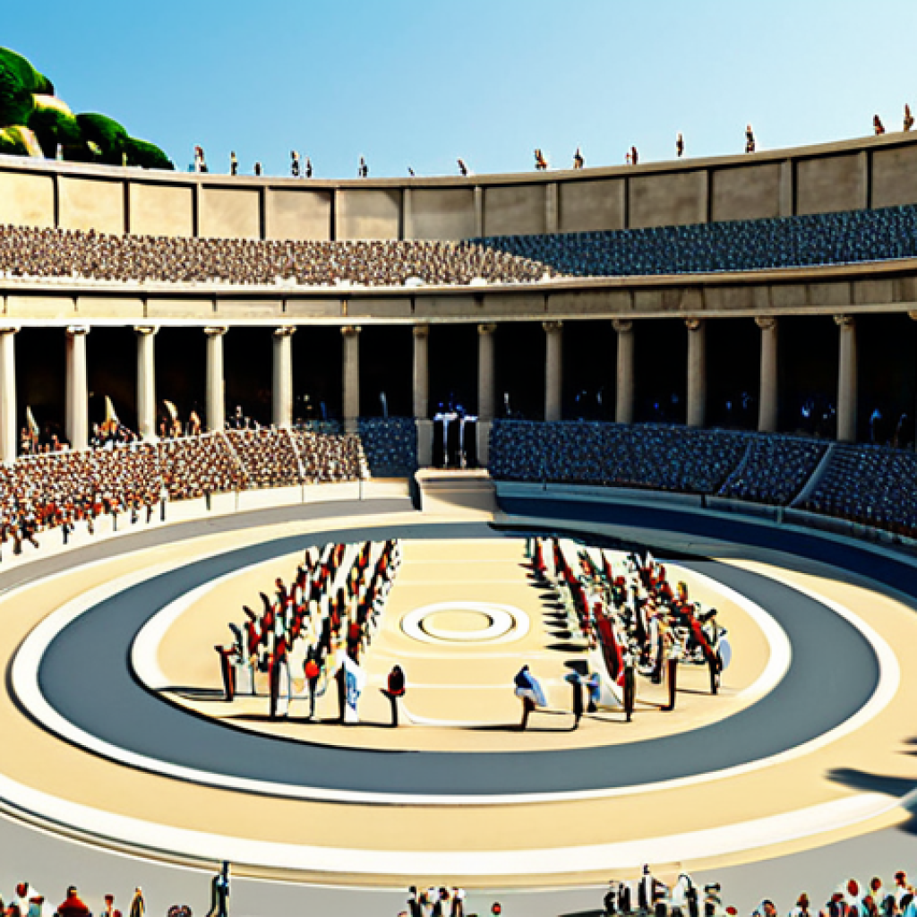 체육의 역사 - Ancient Olympics Scene**
"A scene depicting the ancient Olympic Games in Greece. Athletes, fully cl...