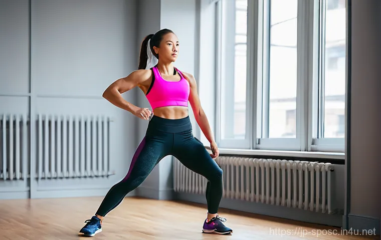 피지컬 트레이닝 - **Prompt 2: Focused Bodyweight Training**
    A dynamic, full-body shot of a woman (20s-30s, diverse...