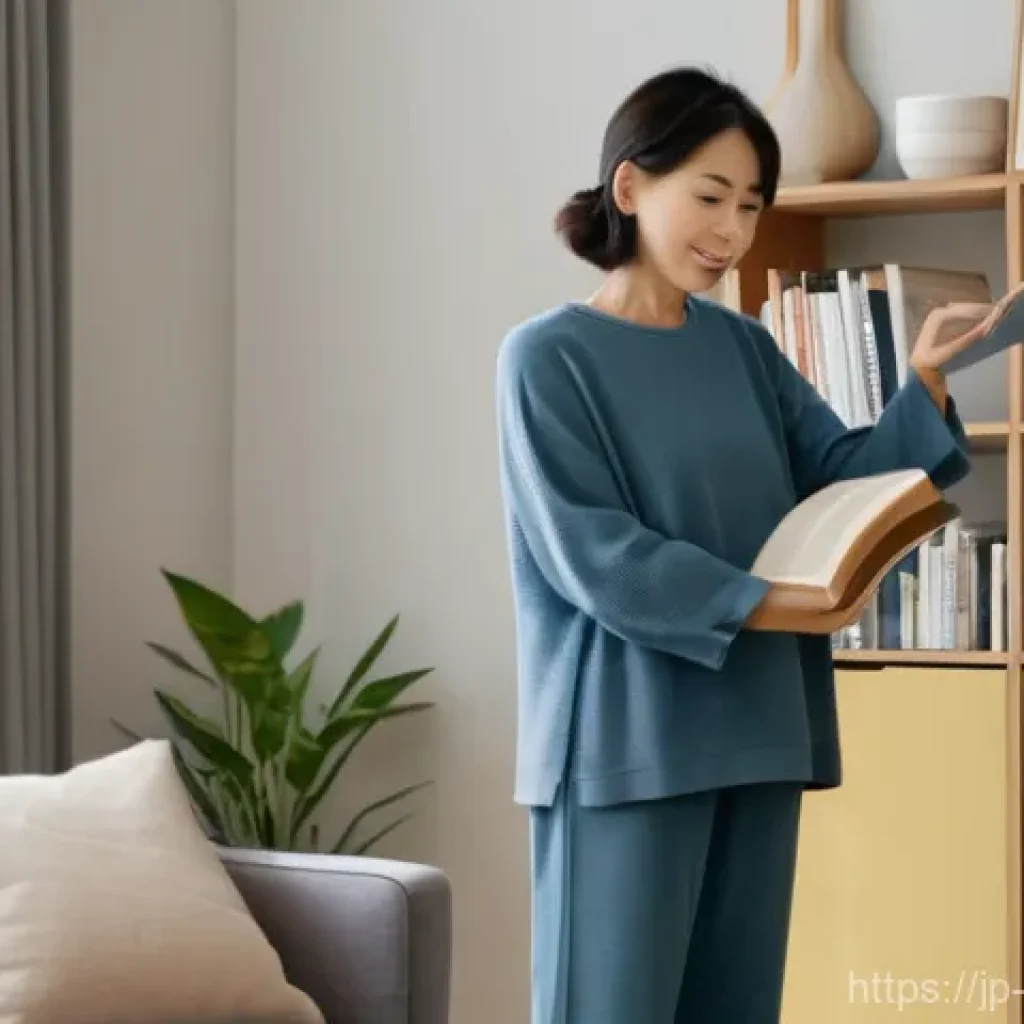 체력 테스트 - A middle-aged Japanese woman, in her late 30s to early 40s, stands in her modern, tastefully decorat...