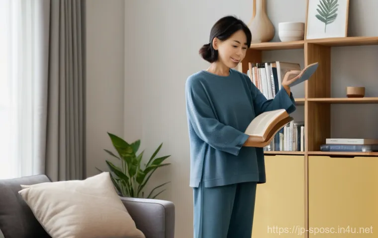 체력 테스트 - A middle-aged Japanese woman, in her late 30s to early 40s, stands in her modern, tastefully decorat...