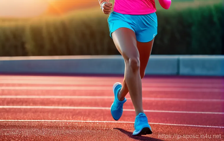 운동 기술 발전 - **AI-Powered Running Coach:**
    "A dynamic, energetic shot of a female runner in her late 20s, dre...