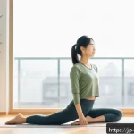 체력 훈련 프로그램 - A young Japanese woman in comfortable, casual athletic wear performing gentle morning stretches by a...