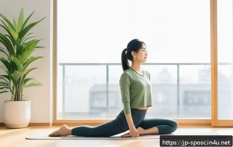 체력 훈련 프로그램 - A young Japanese woman in comfortable, casual athletic wear performing gentle morning stretches by a...