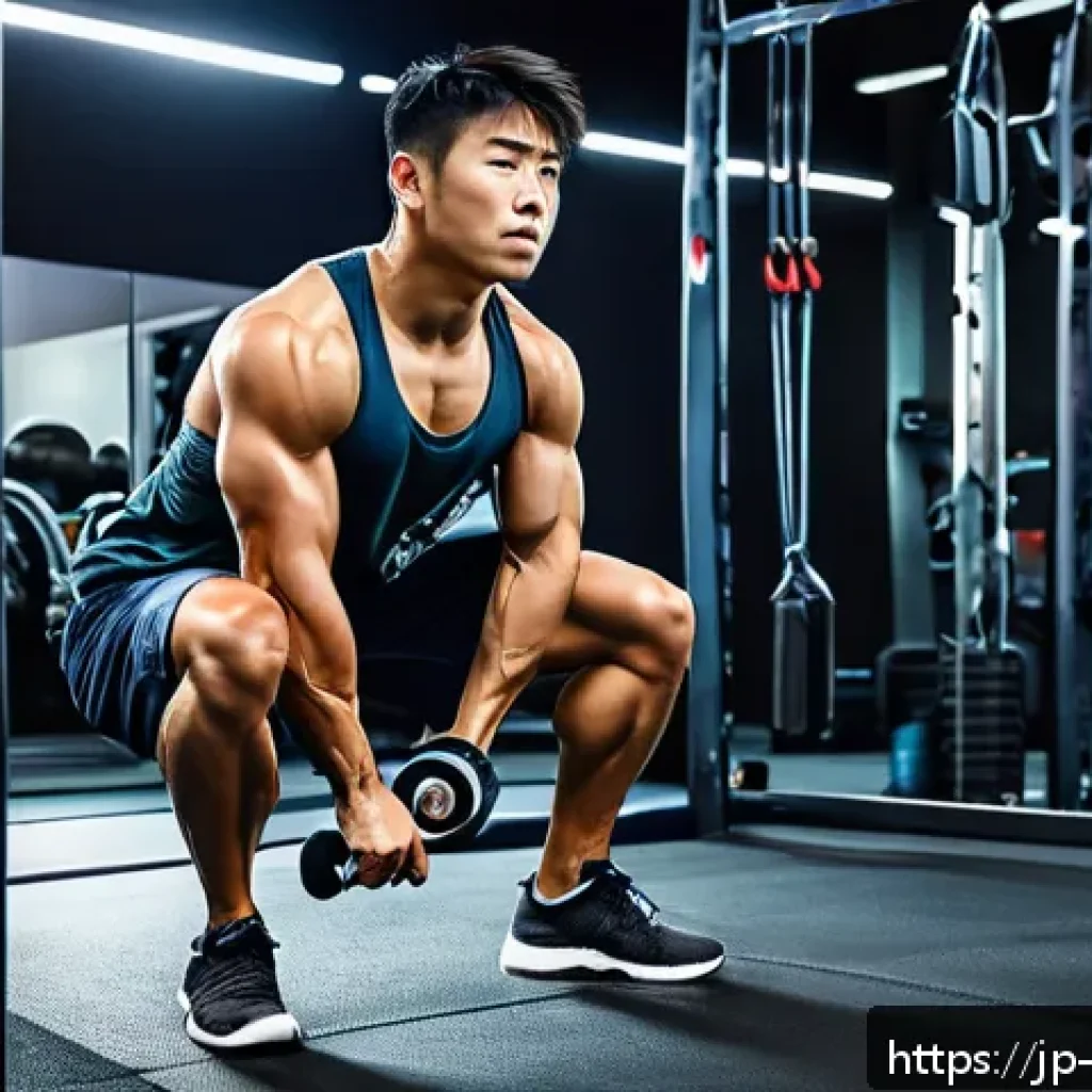 스포츠 트레이닝 프로그램 - A focused gym scene showing a young Japanese man performing a squat with perfect form in front of a ...