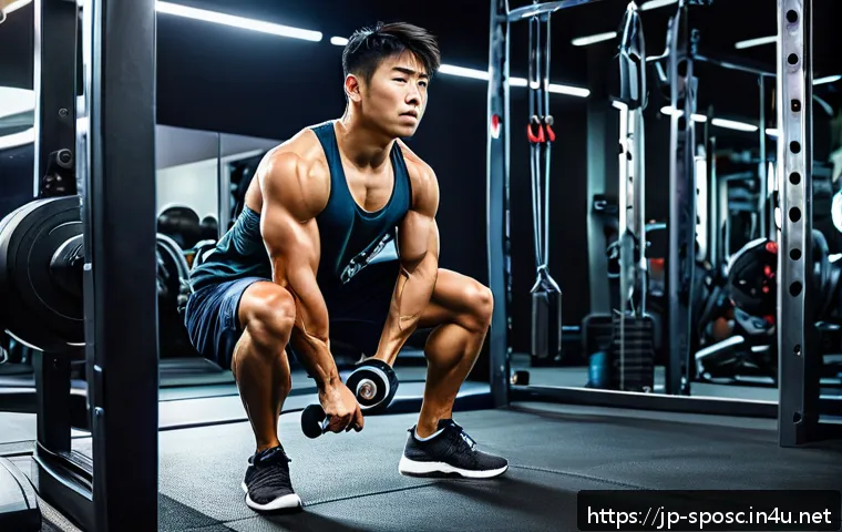 스포츠 트레이닝 프로그램 - A focused gym scene showing a young Japanese man performing a squat with perfect form in front of a ...