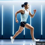 스포츠 사고 예방 - A high-tech motion capture studio scene showing a young Japanese runner wearing lightweight sportswe...
