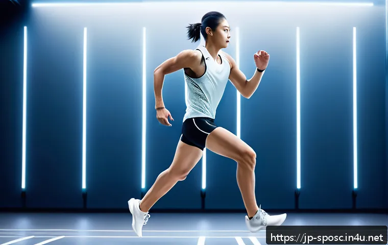 스포츠 사고 예방 - A high-tech motion capture studio scene showing a young Japanese runner wearing lightweight sportswe...